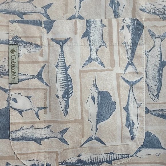 Columbia Mens Large Brown Fish Button Front Short Sleeve Shirt - Picture 1 of 5